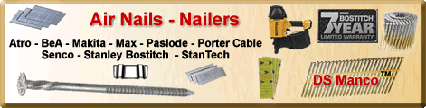 Buy air nailers - coil or stick nailers. Mitre, finish, brad and pin nailers are online. Stainless steel nails - aluminum nails - galvanized nails are here. Buy coil nails, stick framing nails, metal connector nails, finish, brad and pin nails. Buy staplers - wide crown box carton staplers and narrow crown staplers are online. Fine wire or heavy gauge staples are here. Buy hog ring pliers - hog ring tools for collated hog rings. Compressors, combo kits and parts kits are at DS Manco.
