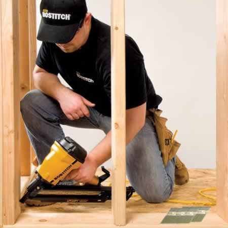 Air nailers - Bostitch pneumatic metal connector framing nailers for fastening metal hangers.