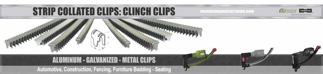 E-clips, clinch clips in strip collated format are here at packagingandfastening.com online.