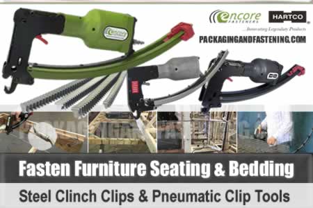 Clip tools and clinch clip fasteners for furniture clinching applications including borderwire to sinuous springs for sofa and chair assembly are at packagingandfastening.com now. 